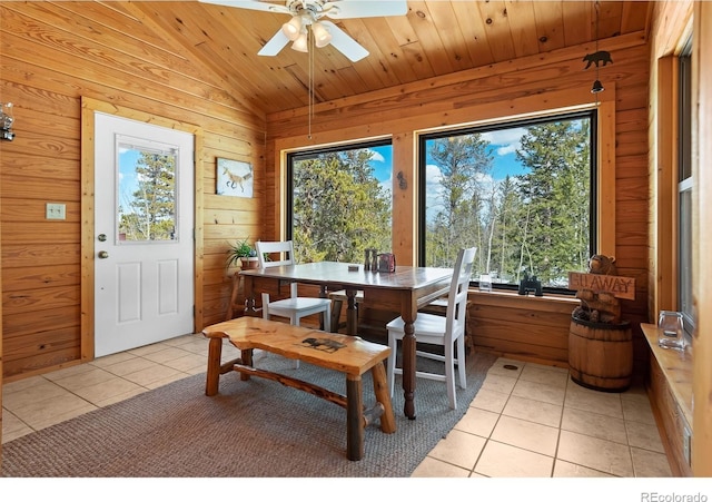 1666 High Creek Rd, Fairplay, CO 80440 - dining area featuring vaulted ceiling, light tile patterned flooring, a ceiling fan, wood ceiling, and wooden walls