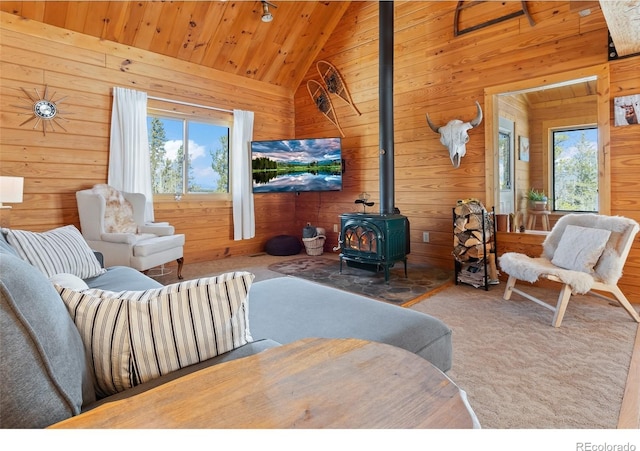 1666 High Creek Rd, Fairplay, CO 80440 - carpeted living area with wood walls, a wood stove, lofted ceiling, and wood ceiling