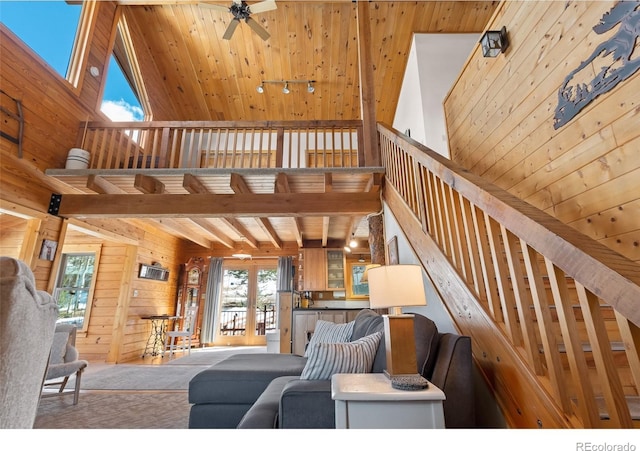 1666 High Creek Rd, Fairplay, CO 80440 - living area with wood walls, a high ceiling, ceiling fan, and wooden ceiling