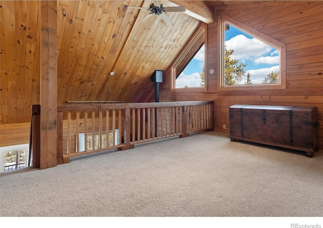 1666 High Creek Rd, Fairplay, CO 80440 - additional living space featuring a ceiling fan, wood walls, wooden ceiling, carpet, and lofted ceiling