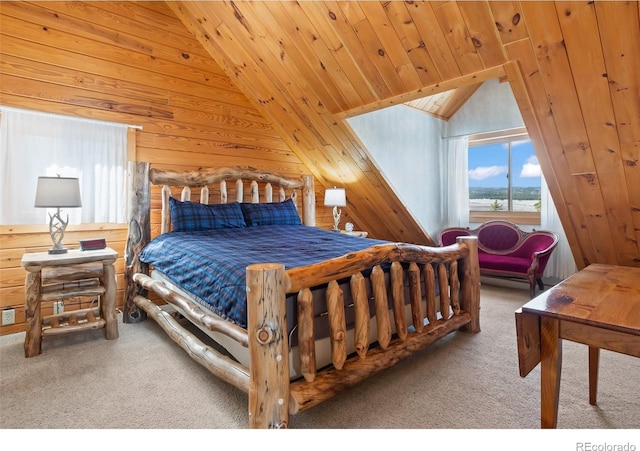 1666 High Creek Rd, Fairplay, CO 80440 - bedroom with carpet floors, vaulted ceiling, wood walls, and wooden ceiling