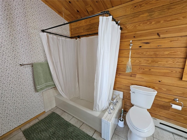 1666 High Creek Rd, Fairplay, CO 80440 - full bathroom featuring a baseboard heating unit, wallpapered walls, shower / bath combo with shower curtain, toilet, and tile patterned floors
