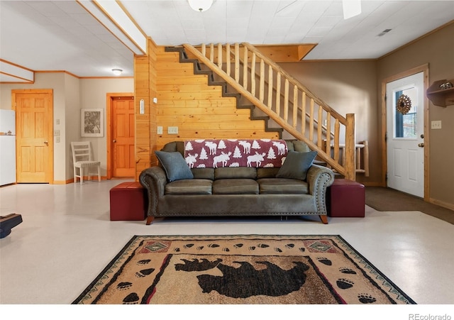 1666 High Creek Rd, Fairplay, CO 80440 - living area with stairway, baseboards, finished concrete floors, and ornamental molding