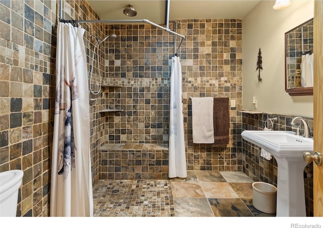1666 High Creek Rd, Fairplay, CO 80440 - full bath with toilet, tile walls, a tile shower, and a sink
