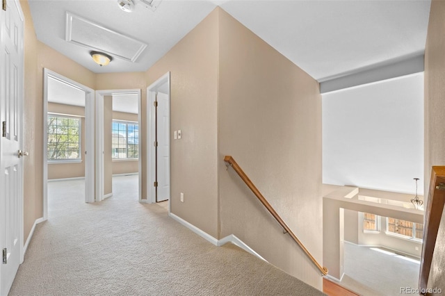 8985 Edgewood Ln, Highlands Ranch, CO 80130 - hall with an upstairs landing, attic access, carpet flooring, and baseboards