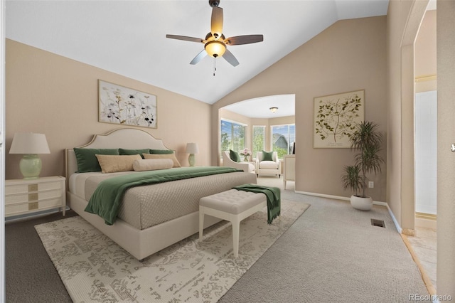8985 Edgewood Ln, Highlands Ranch, CO 80130 - bedroom with carpet, vaulted ceiling, ceiling fan, and baseboards