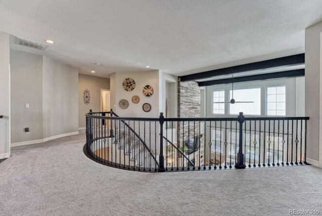 26566 E Peakview Dr, Aurora, CO 80016 - hallway with carpet, recessed lighting, baseboards, an upstairs landing, and visible vents
