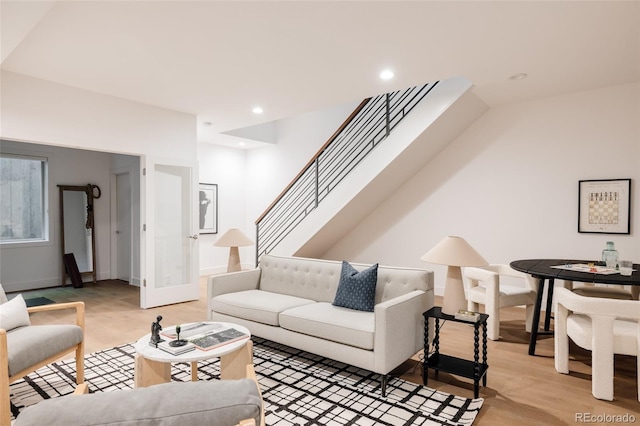 3130 Wyandot St, Denver, CO 80211 - living room featuring stairs, recessed lighting, and baseboards