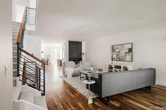 3130 Wyandot St, Denver, CO 80211 - living room with stairs, wood finished floors, and recessed lighting