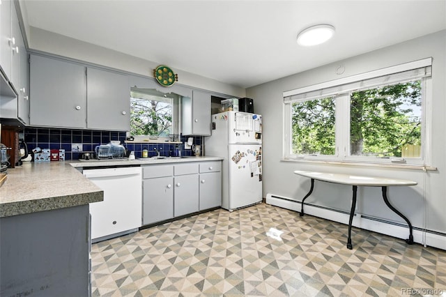 3691 Allison St, Wheat Ridge, CO 80033 - kitchen with white appliances, a baseboard heating unit, gray cabinetry, light flooring, and tasteful backsplash