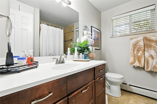 3691 Allison St, Wheat Ridge, CO 80033 - full bathroom featuring a baseboard radiator, tile patterned flooring, vanity, toilet, and curtained shower