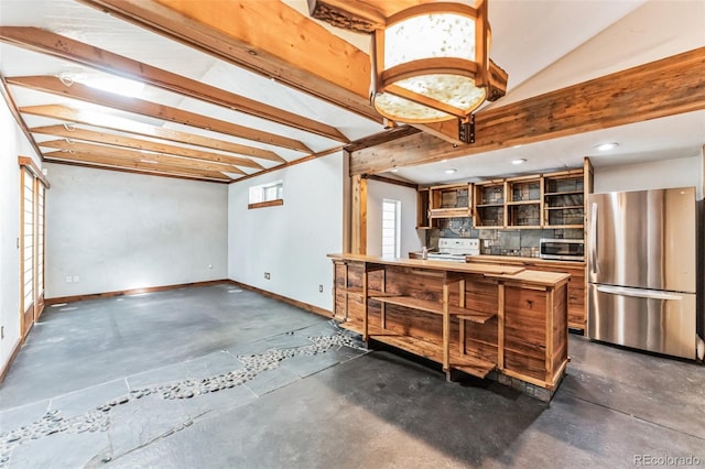 kitchen with a notable chandelier, stainless steel appliances, baseboards, decorative backsplash, and beamed ceiling