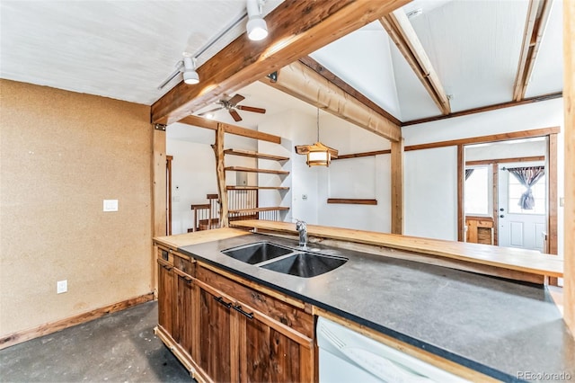 kitchen with concrete flooring, vaulted ceiling with beams, white dishwasher, a sink, and wooden counters