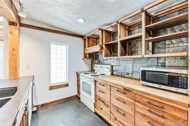 kitchen with butcher block countertops, baseboards, electric stove, open shelves, and stainless steel microwave