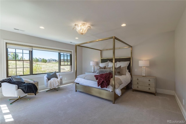 carpeted bedroom featuring recessed lighting, baseboards, and visible vents