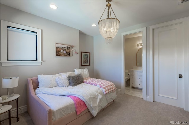 bedroom featuring light colored carpet, ensuite bath, a chandelier, recessed lighting, and visible vents