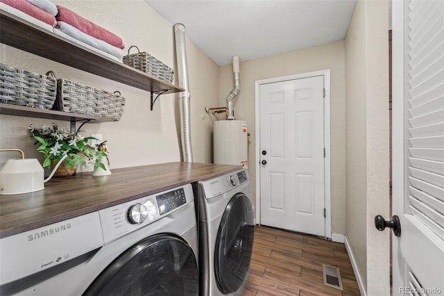 1940 Carmel Dr, Colorado Springs, CO 80910 - laundry area featuring visible vents, dark wood-style flooring, laundry area, water heater, and washing machine and dryer