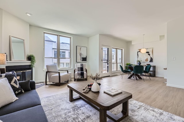 2120 W 31st Ave, Denver, CO 80211 - living area with baseboards, light wood-style floors, a healthy amount of sunlight, and a glass covered fireplace