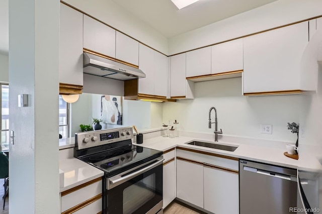 2120 W 31st Ave, Denver, CO 80211 - kitchen with a sink, stainless steel appliances, under cabinet range hood, and light countertops