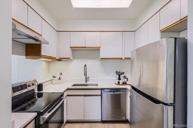 2120 W 31st Ave, Denver, CO 80211 - kitchen featuring a sink, stainless steel appliances, under cabinet range hood, white cabinetry, and light countertops