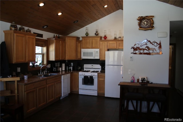 kitchen featuring white appliances, vaulted ceiling, wood ceiling, and sink