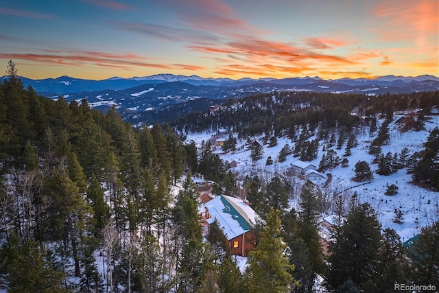 snowy aerial view featuring a mountain view