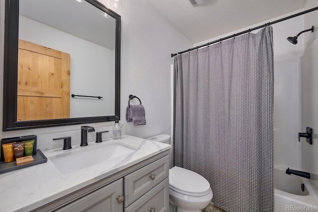 full bath with vanity, toilet, and shower / tub combo with curtain