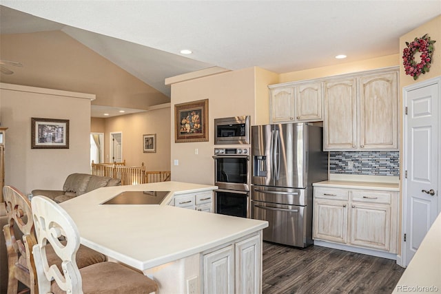 29751 E 163rd Pl, Brighton, CO 80603 - kitchen featuring a kitchen breakfast bar, backsplash, appliances with stainless steel finishes, lofted ceiling, and dark wood-style floors