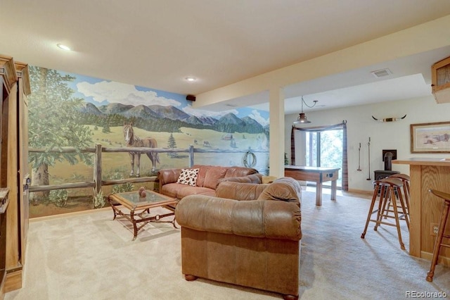220 Long Ridge Dr, Bailey, CO 80421 - living area featuring light carpet, recessed lighting, and wallpapered walls