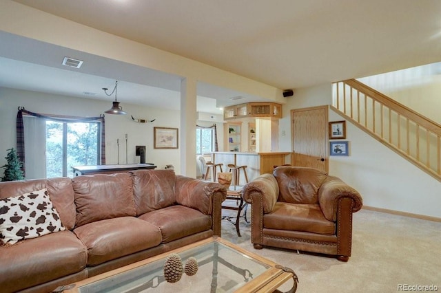 220 Long Ridge Dr, Bailey, CO 80421 - living area featuring light carpet and stairs