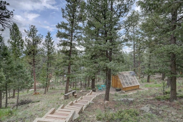 220 Long Ridge Dr, Bailey, CO 80421 - view of yard with an exterior structure, an outdoor structure, and a view of trees