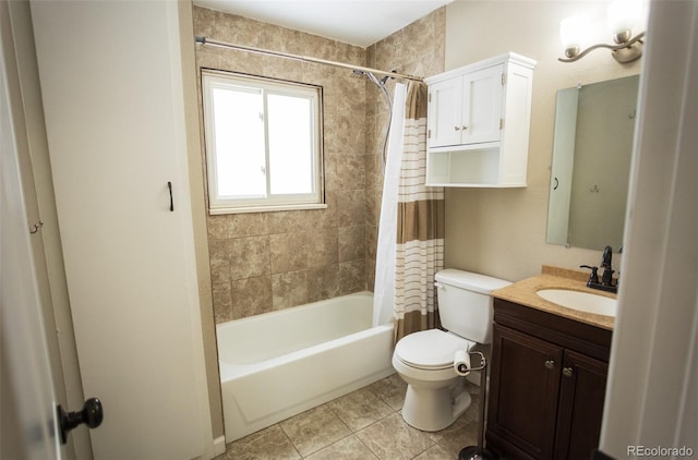 full bathroom with vanity, tile patterned floors, toilet, and shower / tub combo