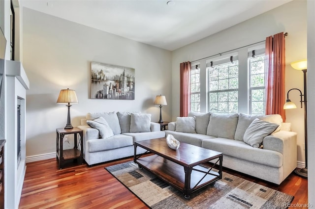 living room featuring wood finished floors and baseboards