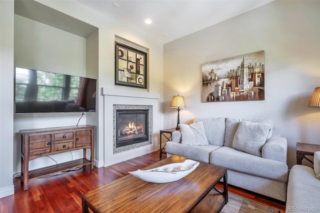 living room with wood finished floors, a glass covered fireplace, baseboards, and recessed lighting