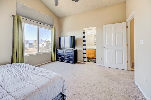 bedroom featuring light carpet, baseboards, visible vents, vaulted ceiling, and a textured ceiling