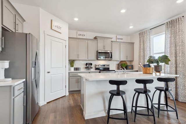 kitchen featuring gray cabinetry, sink, stainless steel appliances, and a center island with sink