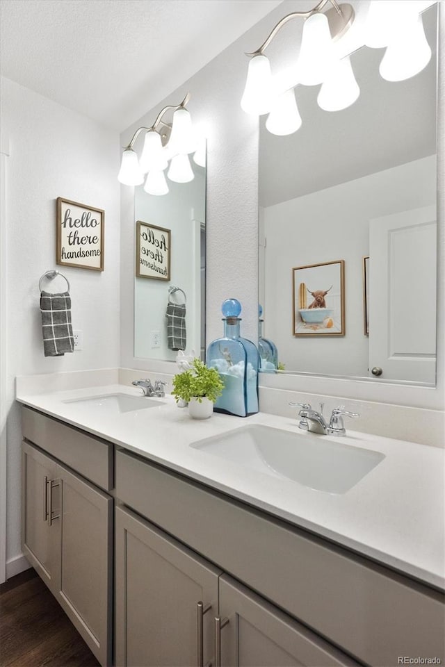 bathroom featuring vanity and hardwood / wood-style floors