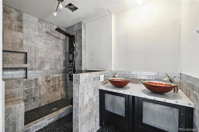 2527 S Ouray Way, Aurora, CO 80013 - bathroom featuring tiled shower, tile walls, double vanity, and wainscoting