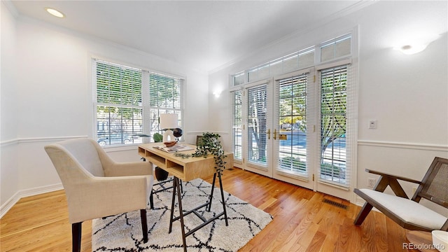203 S Jackson St, Denver, CO 80209 - home office with ornamental molding, light wood-type flooring, and recessed lighting