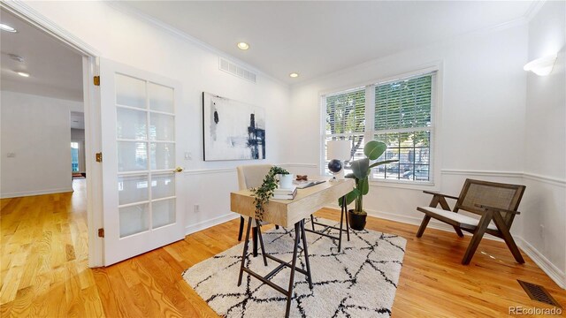 203 S Jackson St, Denver, CO 80209 - office area featuring ornamental molding, light wood-style floors, and recessed lighting