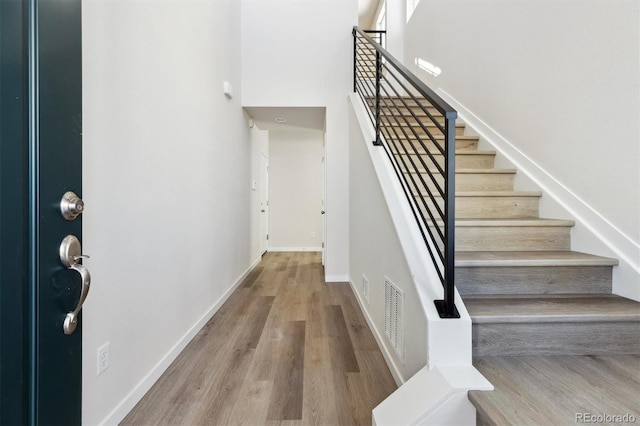 entryway featuring a high ceiling and hardwood / wood-style floors