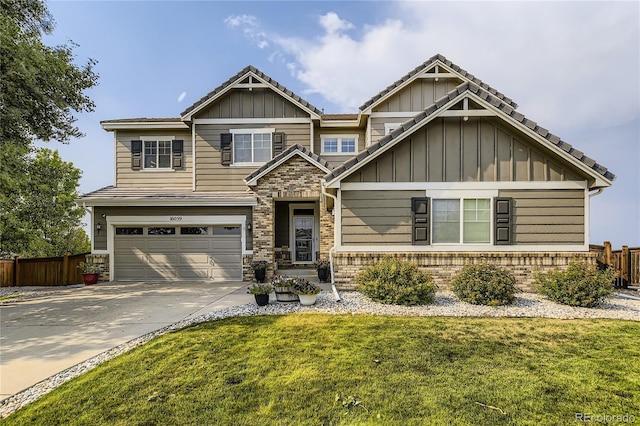 16059 E Grass River Pl, Parker, CO 80134 - craftsman-style home featuring board and batten siding, concrete driveway, an attached garage, stone siding, and brick siding