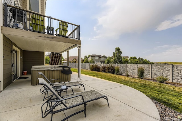 16059 E Grass River Pl, Parker, CO 80134 - fenced backyard with a hot tub, a patio area, and stairway