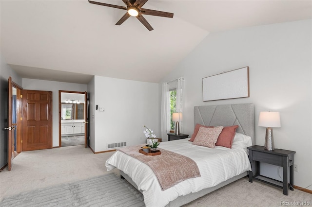 10284 Royal Eagle St, Highlands Ranch, CO 80129 - bedroom featuring carpet, vaulted ceiling, ensuite bathroom, and ceiling fan