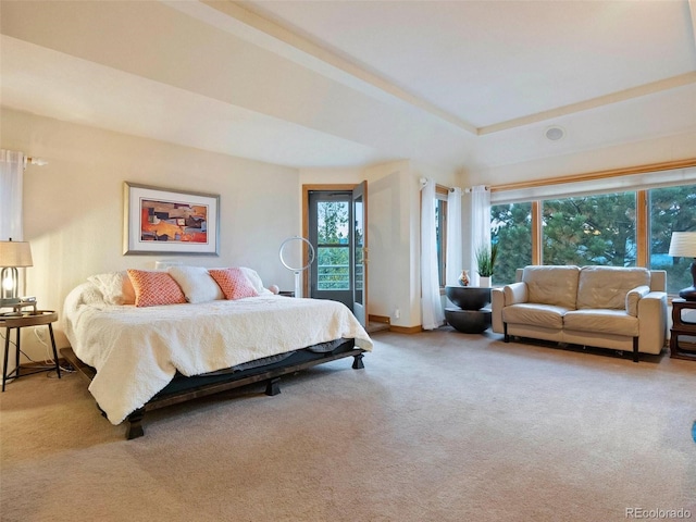 bedroom featuring a tray ceiling, baseboards, and carpet