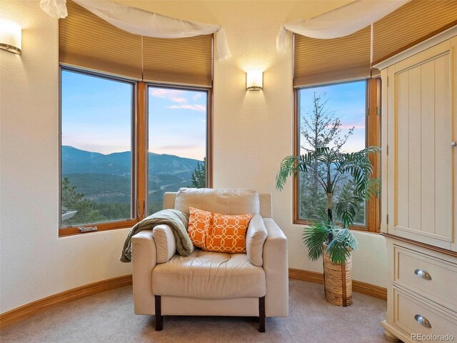 sitting room with a mountain view and carpet