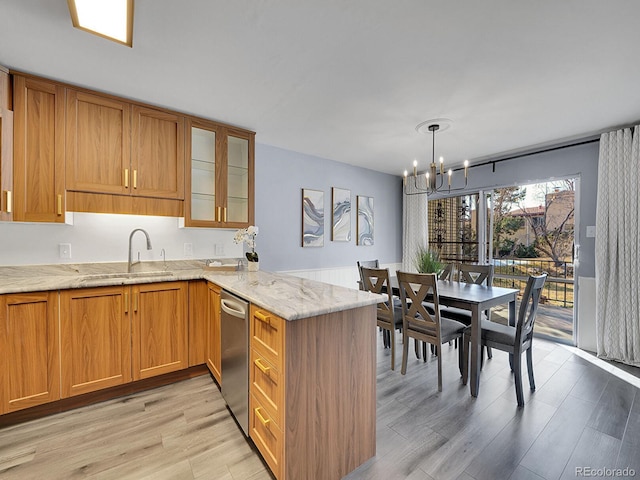 kitchen with dishwasher, sink, hanging light fixtures, kitchen peninsula, and light stone countertops