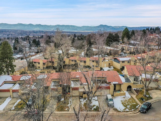 drone / aerial view featuring a mountain view