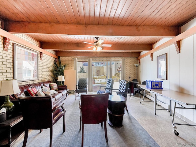 carpeted living room featuring wooden ceiling, beamed ceiling, and brick wall