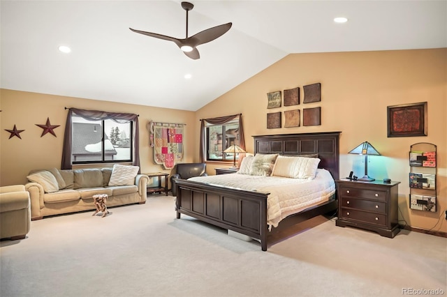 bedroom featuring vaulted ceiling, carpet flooring, recessed lighting, and ceiling fan